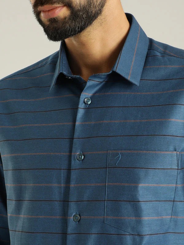 Indian Terrain Men's Slim Fit Full Sleeve Striped Blue Shirt